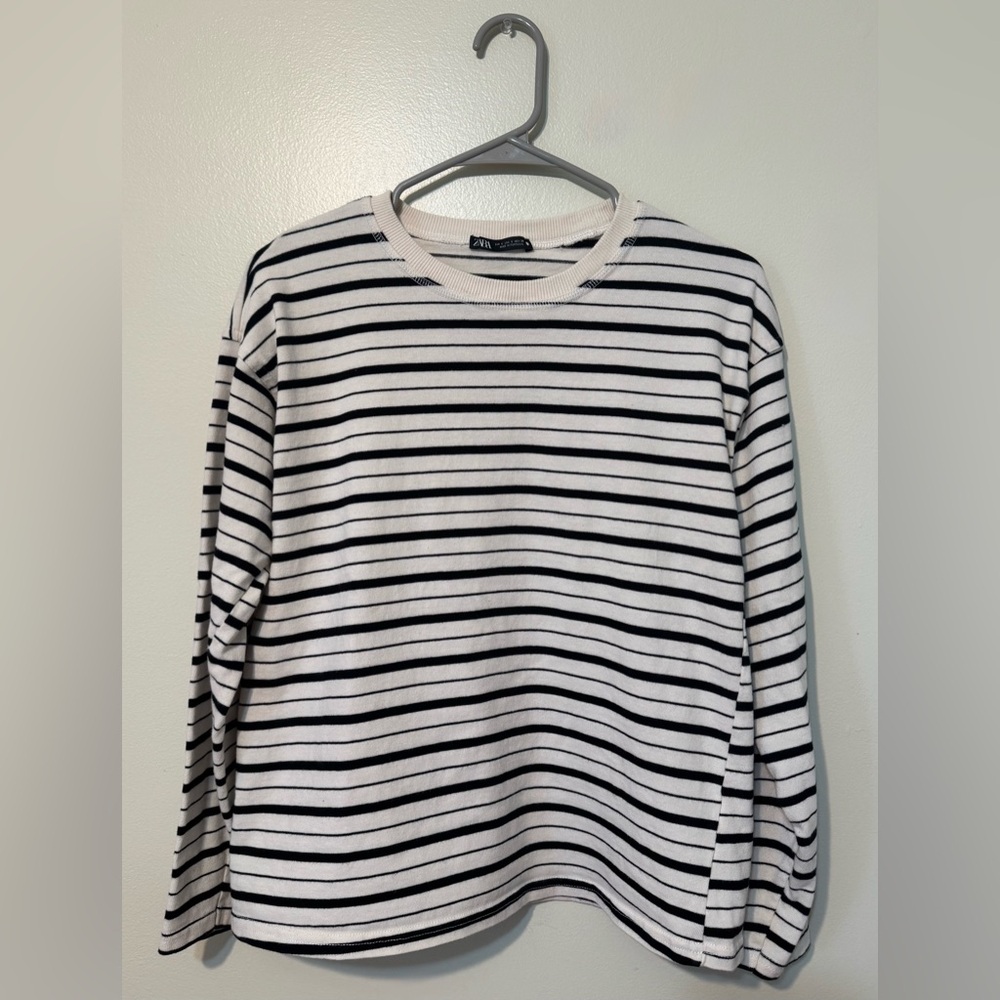 Zara Cream and Black Striped Long Sleeve Shirt